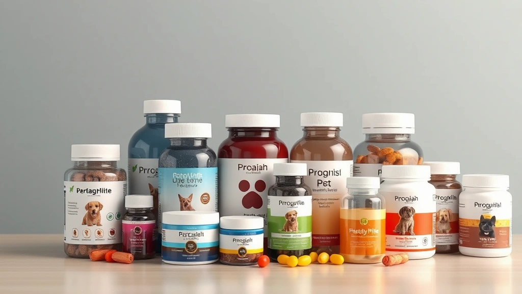 cruelty-free pet supplies -
Photorealistic image of various pet product bottles and containers (supplements