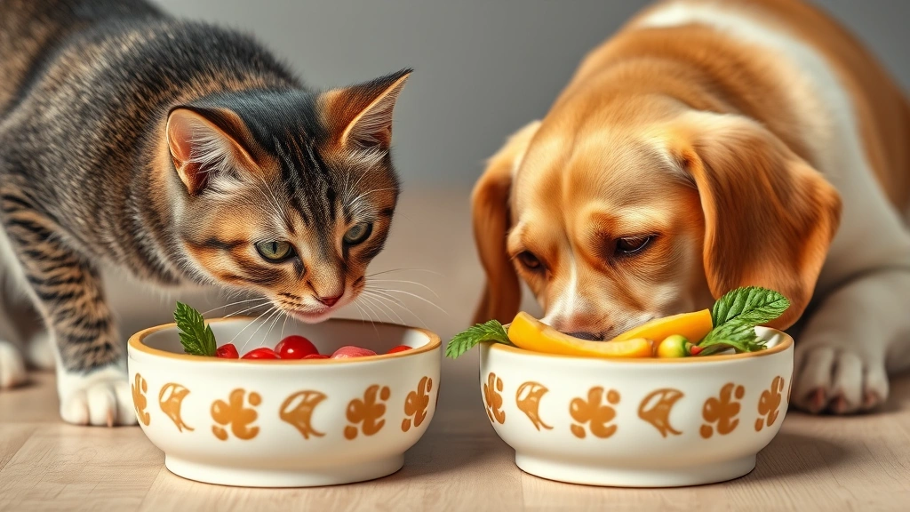 cruelty-free pet supplies -
Photorealistic image of a cat and dog eating from ceramic bowls filled with fre