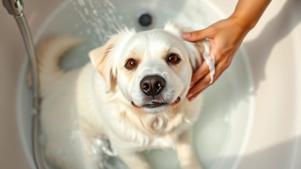 crusty white dog -
Photorealistic overhead view of a white dog being bathed with warm water and mo