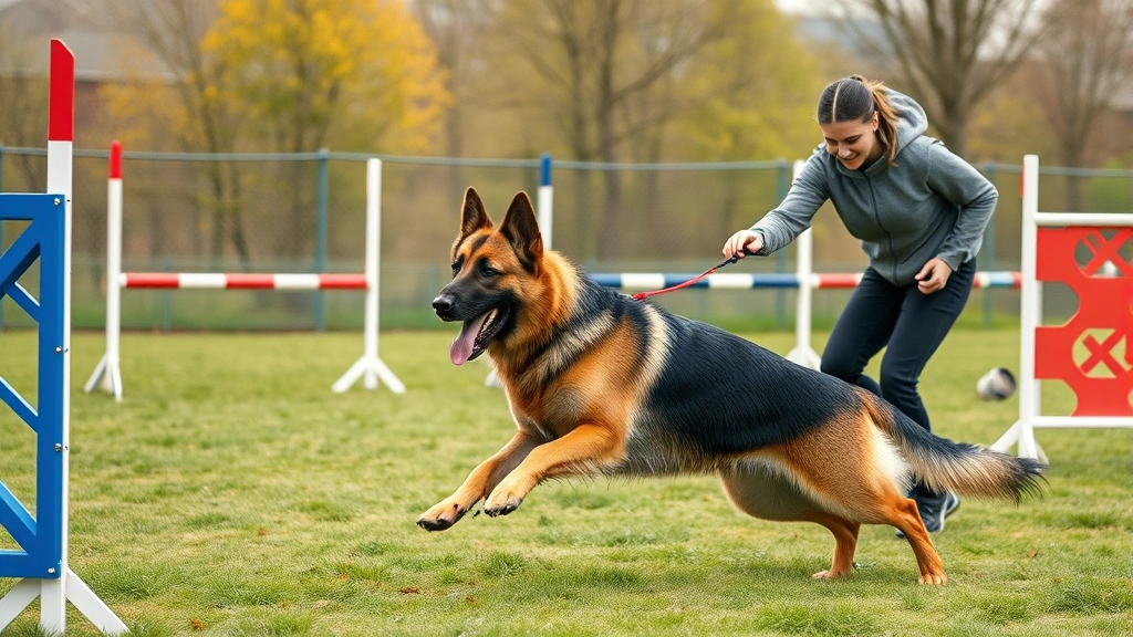 cry havoc and let slip the dogs of war -
Photorealistic image of a professional dog trainer working with a high-energy G