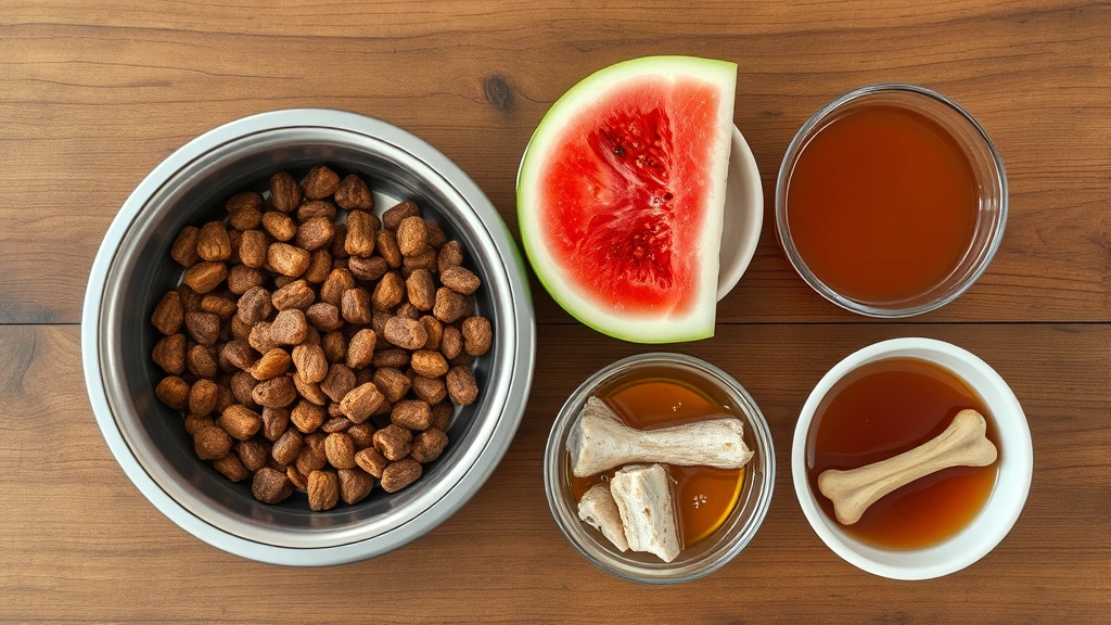 cure for dehydration in dogs -
Photorealistic overhead view of various dog hydration options including water b