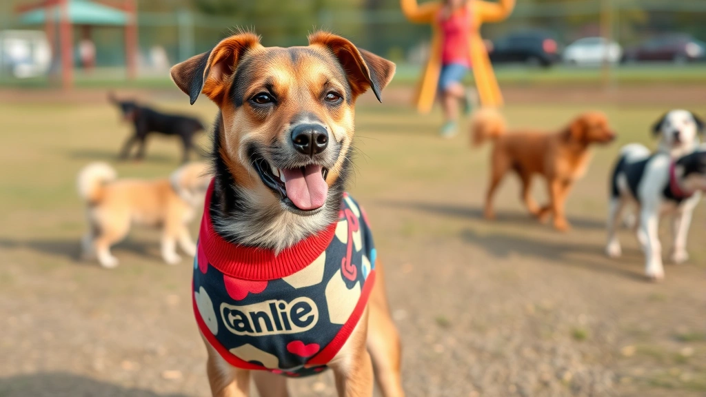 custom dog shirts -
A medium-sized mixed breed dog wearing a colorful personalized dog shirt at a d