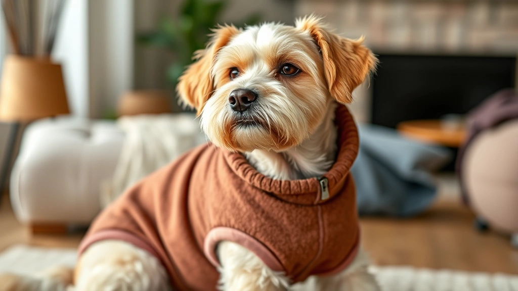 custom dog shirts -
A senior dog wearing a warm fleece custom dog shirt indoors

