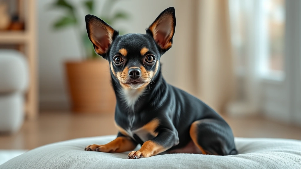 cute boy dog names -
Photorealistic image of a small black and tan Chihuahua sitting on a soft cushi