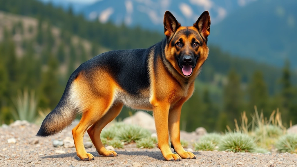 cute boy dog names -
Photorealistic image of a large German Shepherd dog standing proudly in a natur
