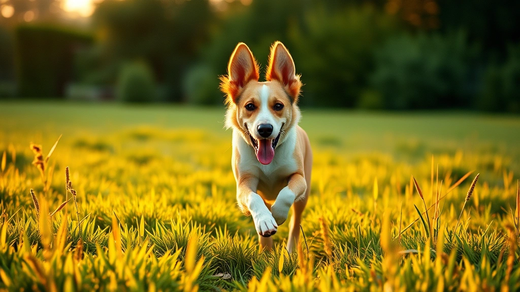 cute dog names for girls -
Photorealistic image of a female dog running through a green field or garden du