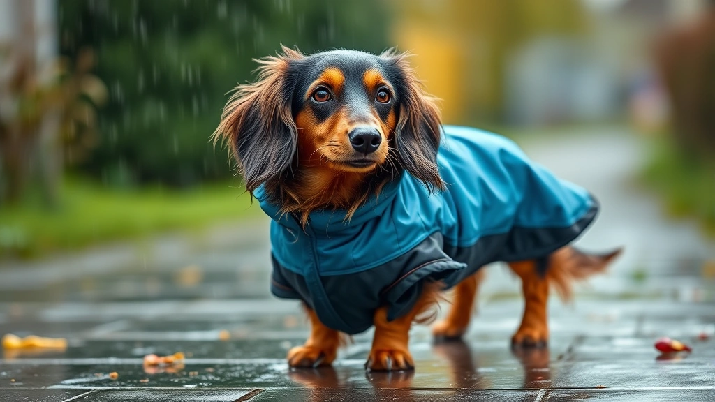 dachshund dog apparel -
Photorealistic image of a long-haired dachshund in a waterproof rain jacket dur