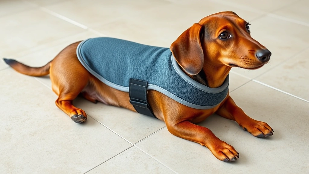 dachshund dog apparel -
Photorealistic image of a dachshund wearing a cooling gel vest lying on a light