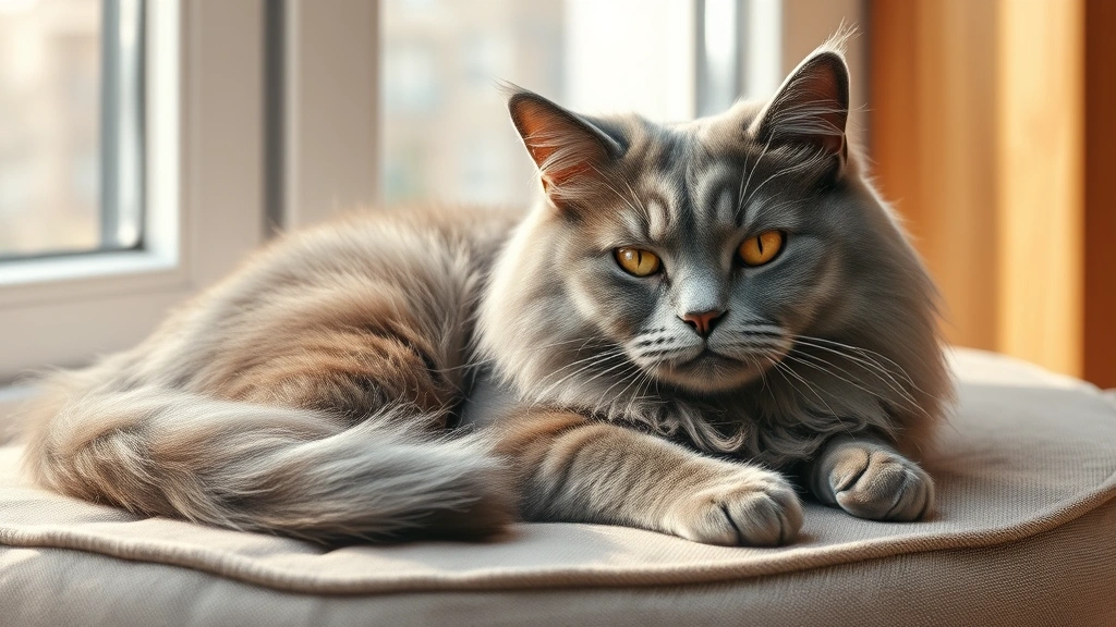 daily calorie requirements cats -
Photorealistic portrait of a senior fluffy gray cat resting on a soft cushion n