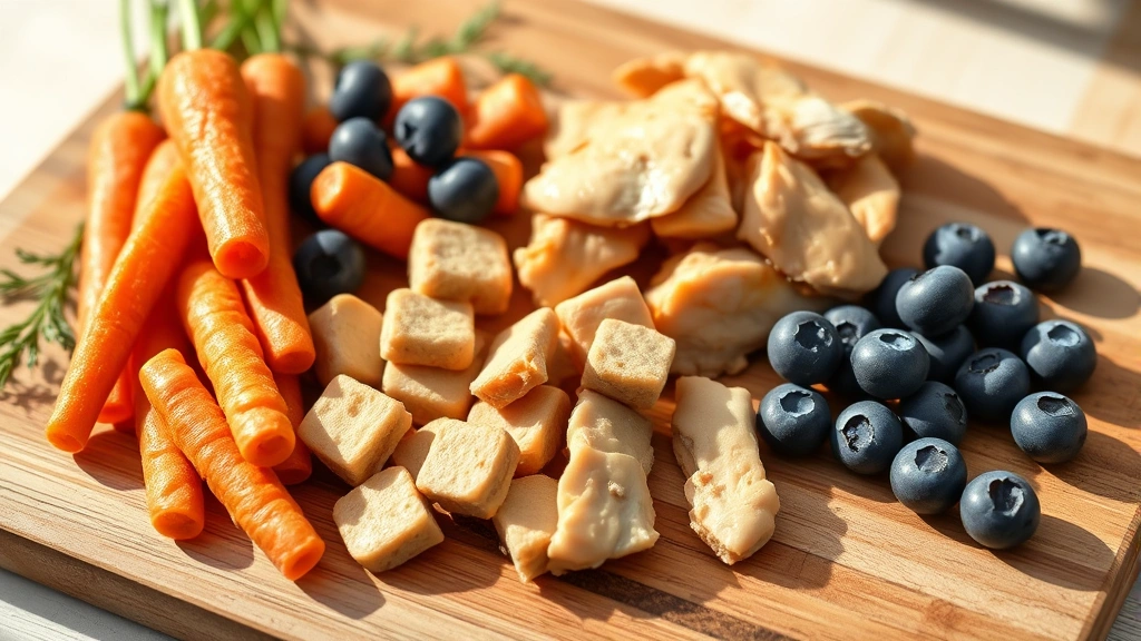 dairy products and pets -
Photorealistic image of healthy pet treats including carrots, chicken pieces, a