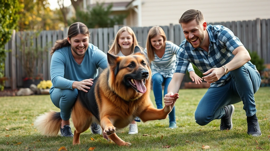 dangerous dog breeds -
Photorealistic image of a happy family playing with their large breed dog in a