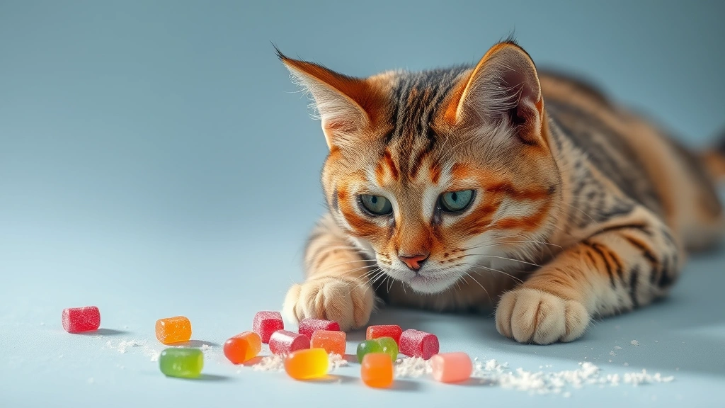 dangerous foods for pets -
and sugar-free gum scattered safely away from a curious tabby cat