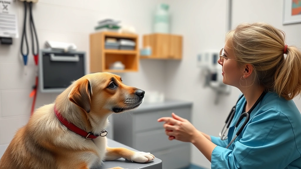 dangerous foods for pets -
Photorealistic photograph of a veterinary examination room with a concerned dog