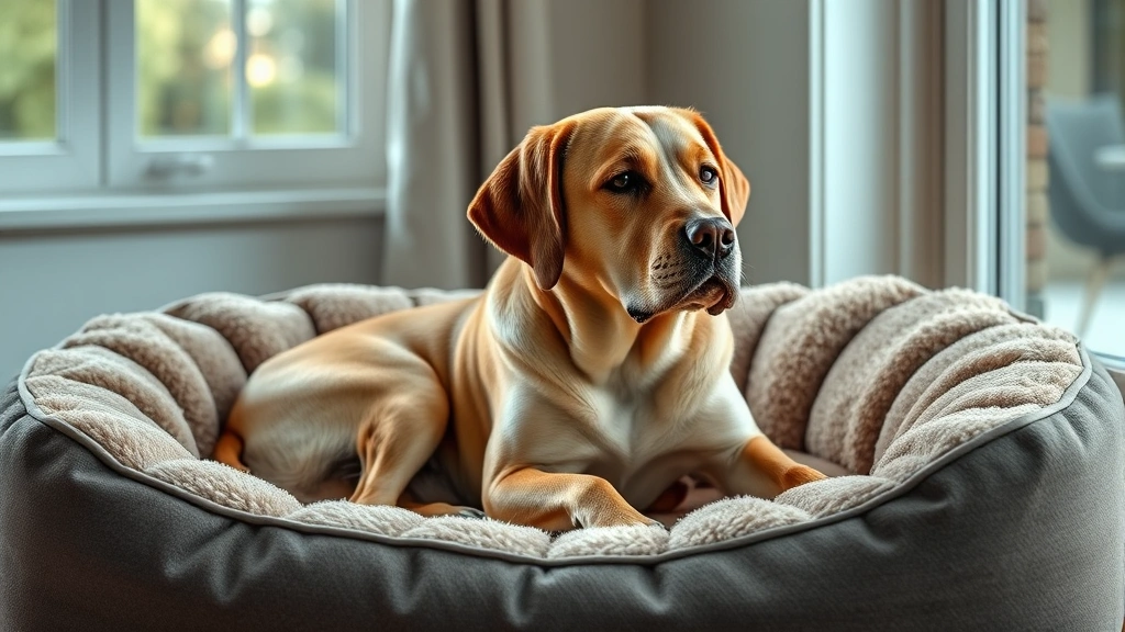 dasuquin advanced for dogs -
Photorealistic image of an older labrador retriever sitting comfortably on a pl