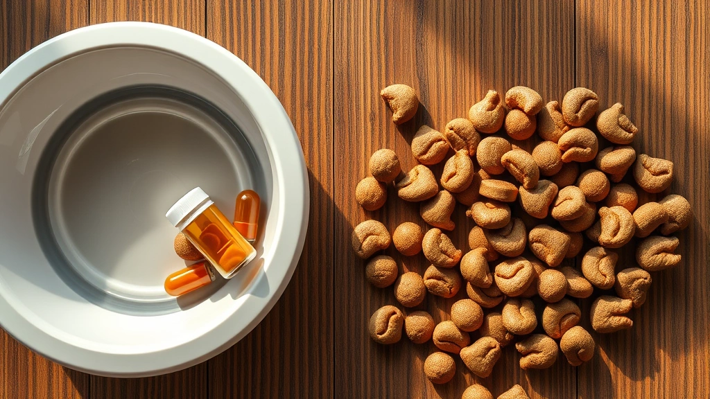 dasuquin advanced for dogs -
Photorealistic overhead shot of a dog supplement capsule next to a water bowl a
