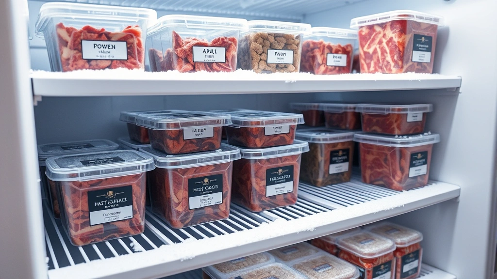 defrosting schedule for raw food -
Photorealistic close-up of organized freezer shelves with labeled raw dog food 