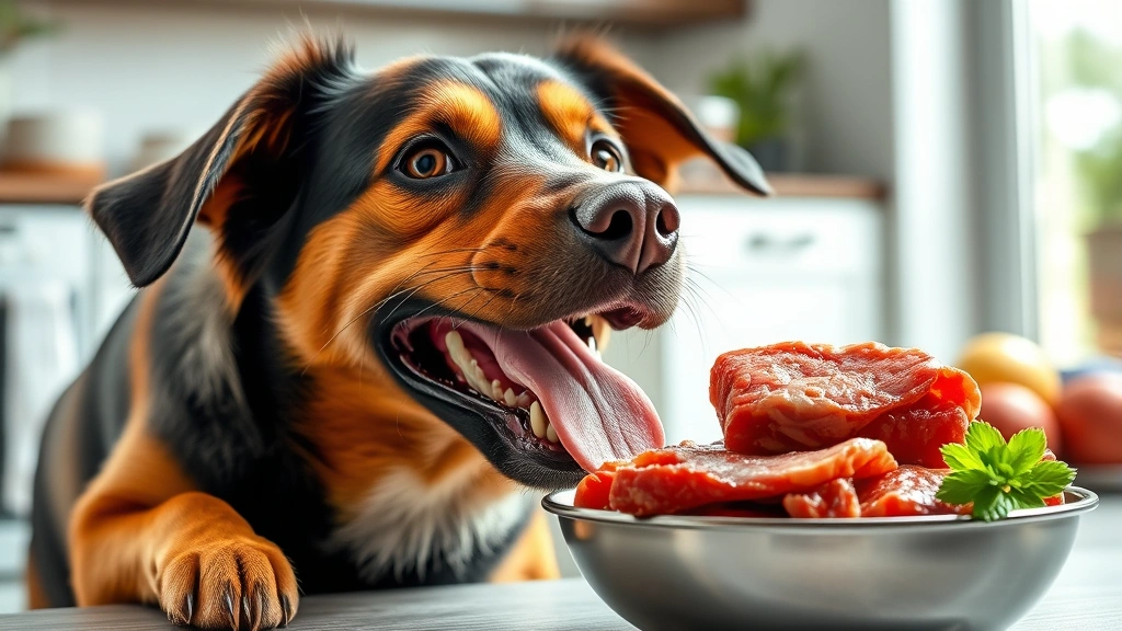 defrosting schedule for raw food -
Photorealistic image of a happy healthy dog eating from a bowl with fresh raw m