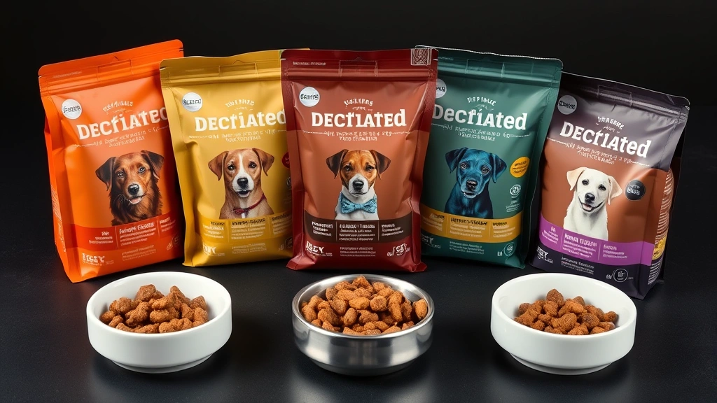 dehydrated dog food -
Photorealistic flat lay arrangement of five different dehydrated dog food brand