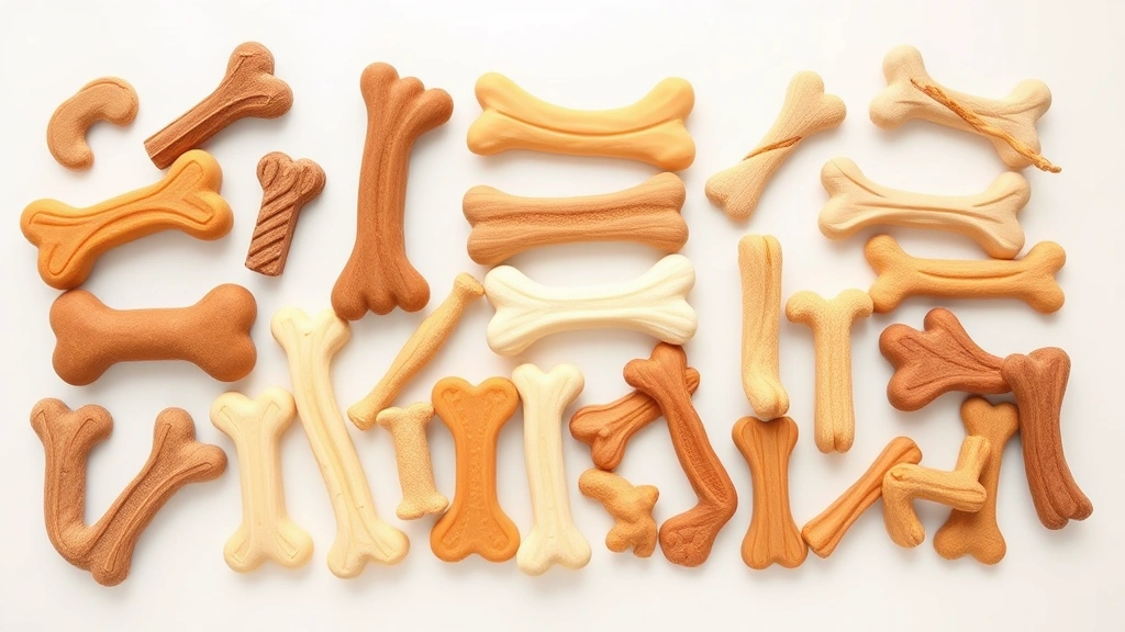 dental chews for dogs -
Photorealistic flat lay of various types of dental chews and treats arranged on