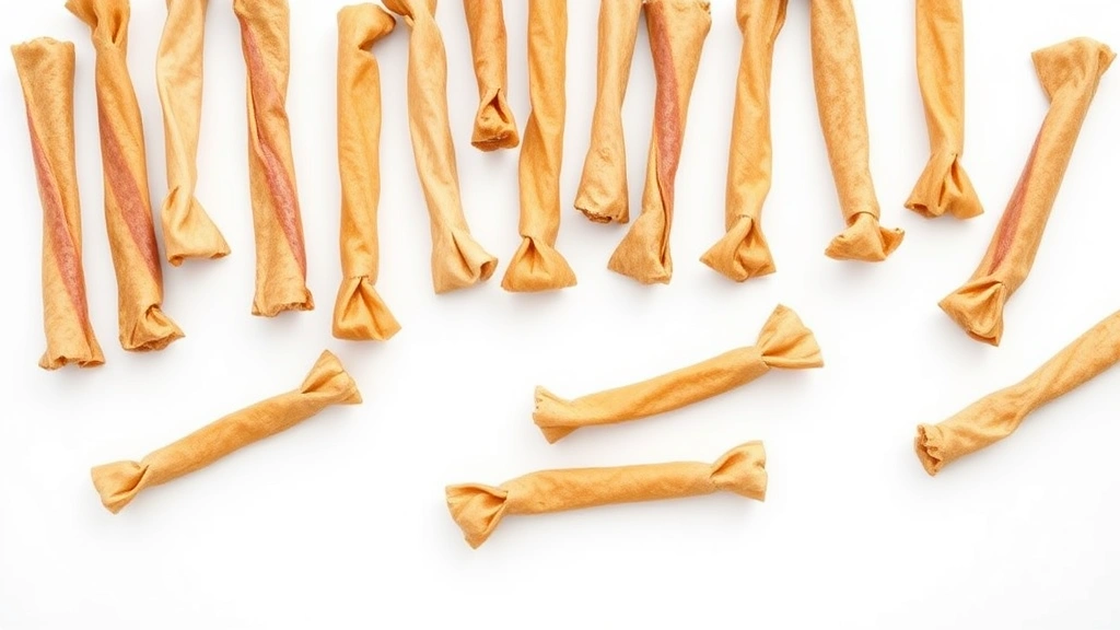 dentley's gourmet wrapped rawhide sticks dog treats - chicken -
Photorealistic flat lay arrangement showing multiple sizes of wrapped rawhide d