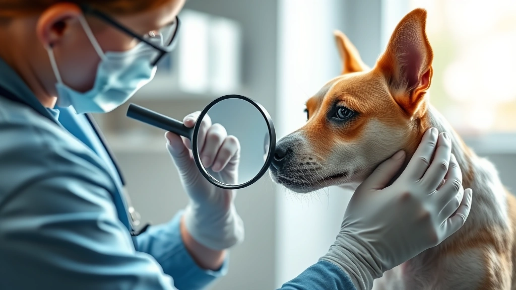 dermatitis in dogs -
Photorealistic image of a veterinarian examining a dog’s skin with a magn