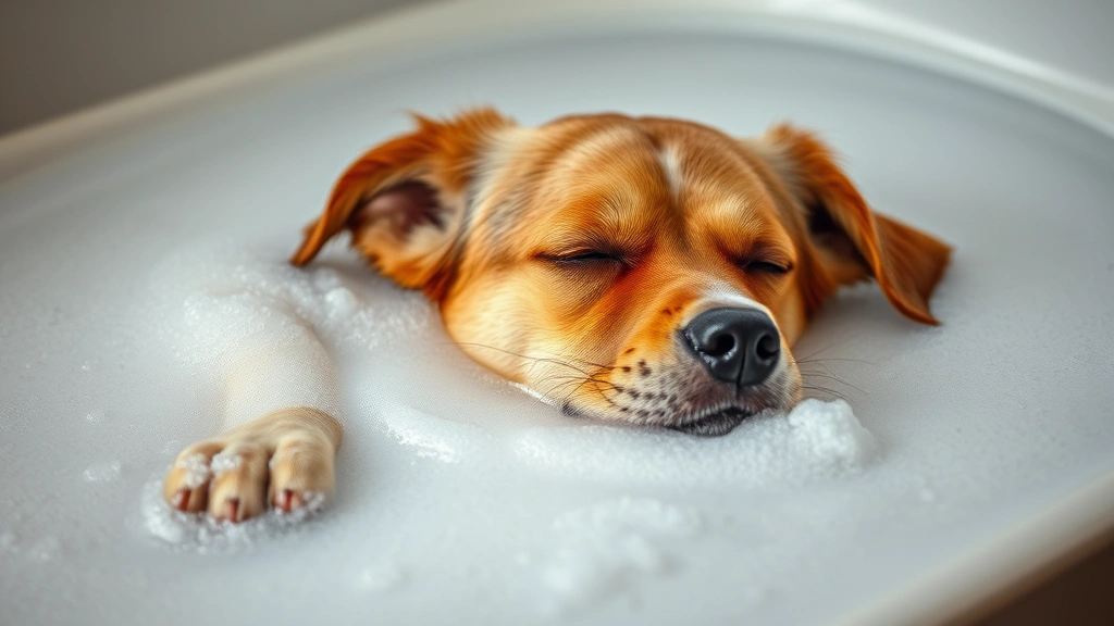 dermatitis in dogs -
Photorealistic photo of a dog relaxing in a warm bath with hypoallergenic shamp