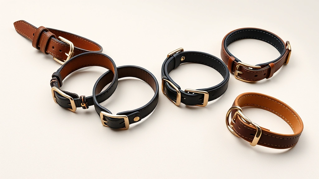 designer dog collars -
Photorealistic flat lay of five different designer dog collars in various mater