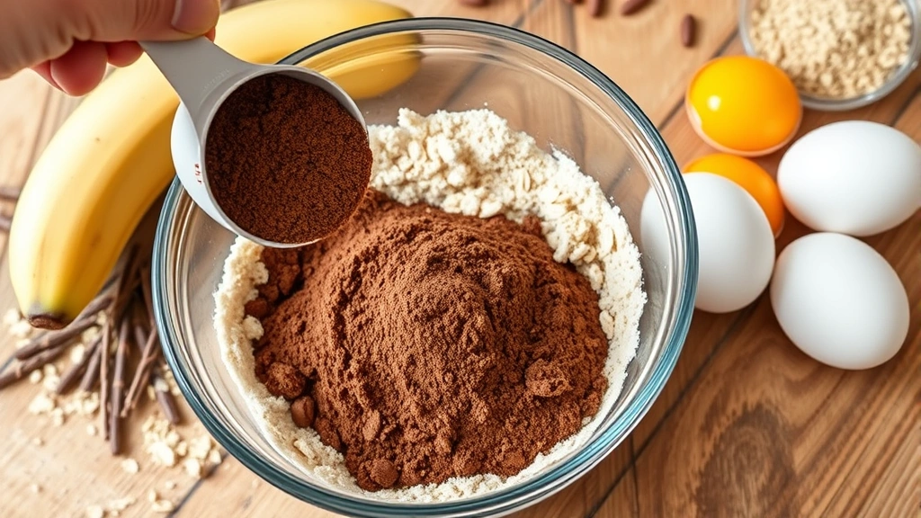 devil dog cake -
Photorealistic close-up of carob powder being measured into a mixing bowl with 