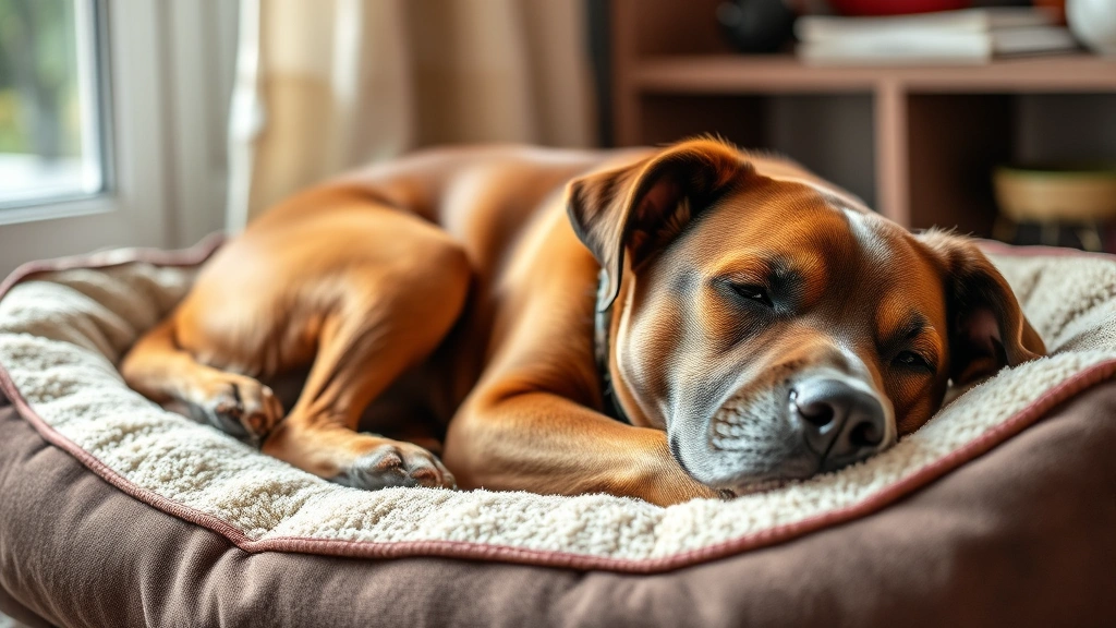deworming medicine for dogs -
Photorealistic image of a content adult dog resting peacefully on a comfortable