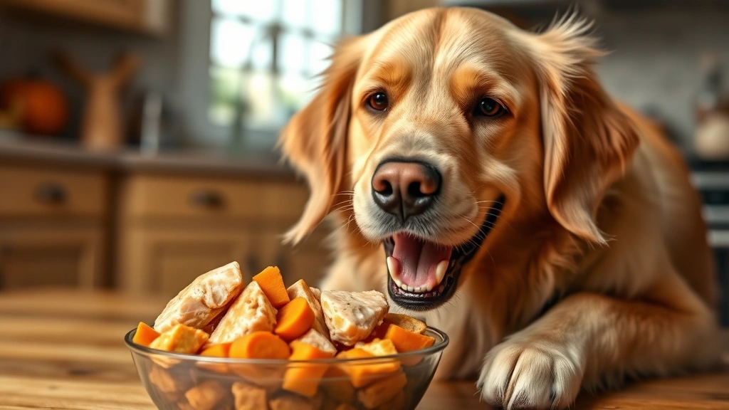 diabetic-friendly human foods for pets -
Photorealistic image of a happy golden retriever eating from a bowl containing
