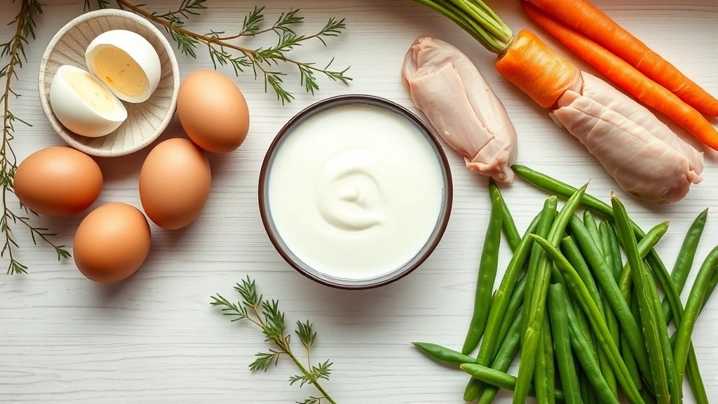 diabetic-friendly human foods for pets -
Photorealistic flat lay of various diabetic-friendly pet foods including eggs,