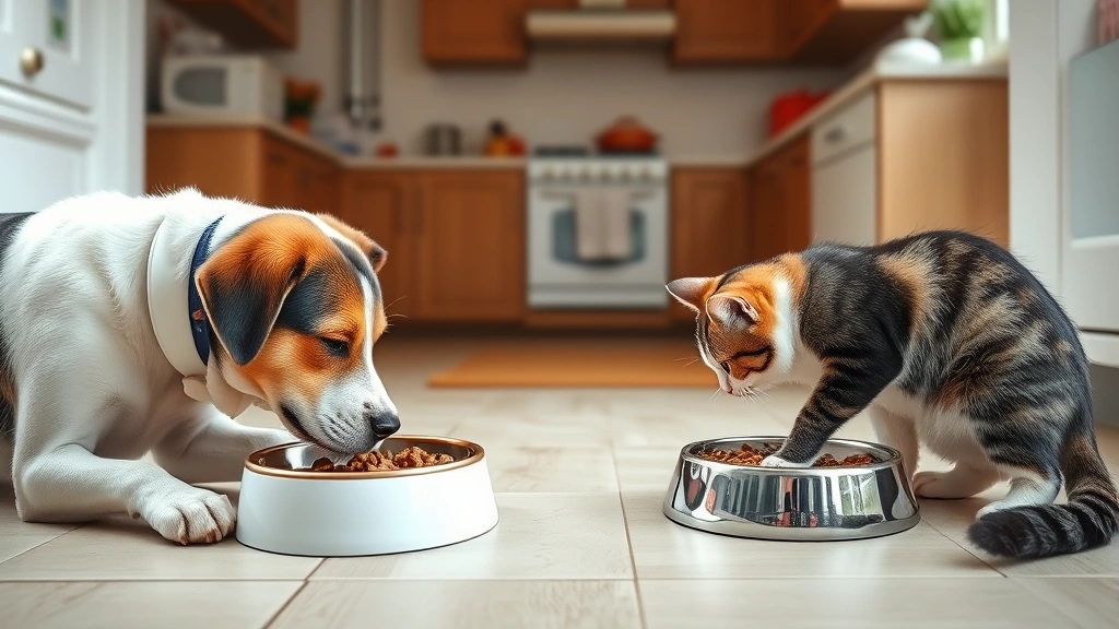 diabetic pet feeding schedule -
Photorealistic style: A dog and cat eating from separate bowls at scheduled mea