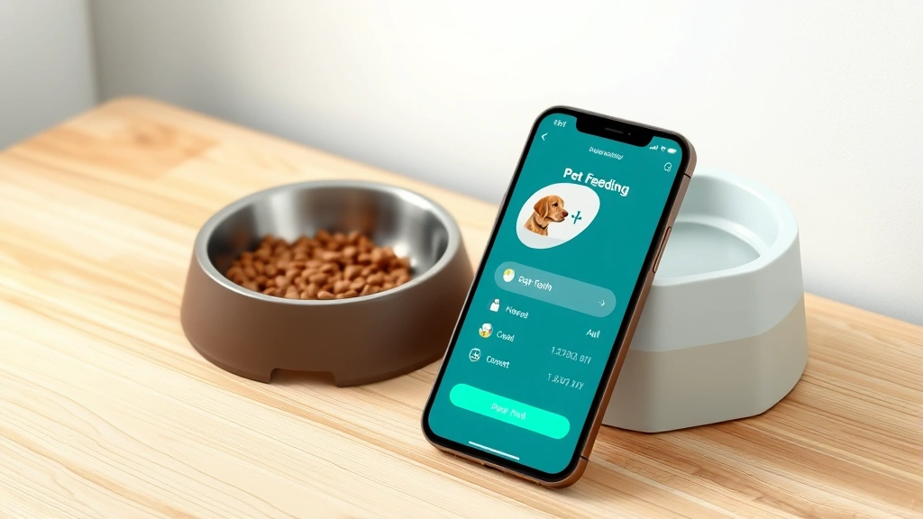 digital feeding reminders -
Photorealistic image of a smartphone displaying a pet feeding app interface on 