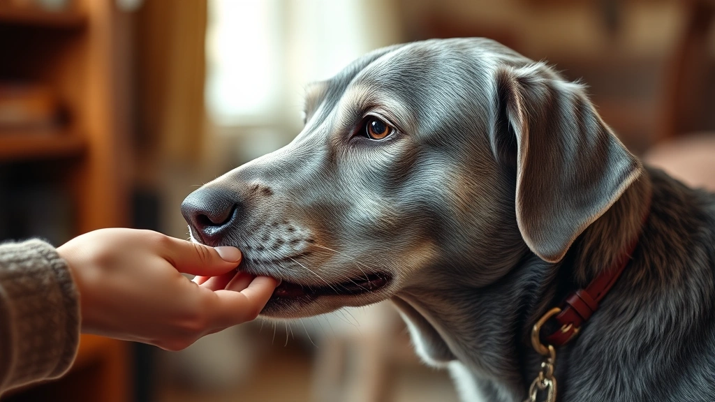 digital feeding reminders -
Photorealistic image of a senior gray dog being hand-fed by an owner’s ha