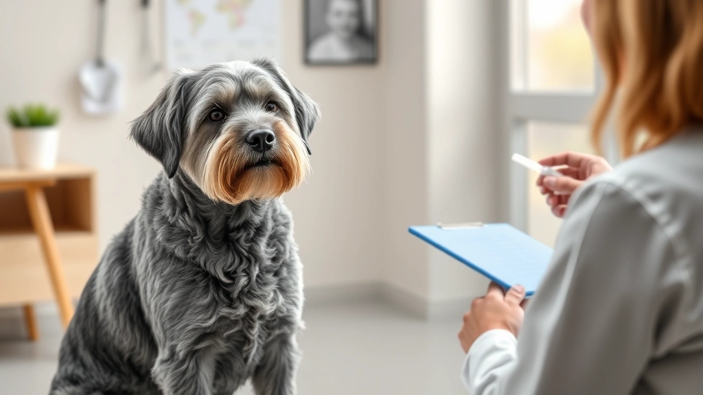 distemper vaccine for dogs -
Photorealistic image of a senior gray-muzzled dog sitting peacefully with a vet