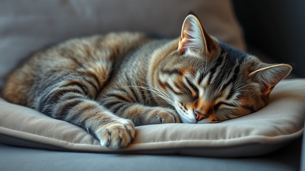 do cats age like dogs -
Photorealistic image of a senior gray tabby cat resting peacefully on a comfort