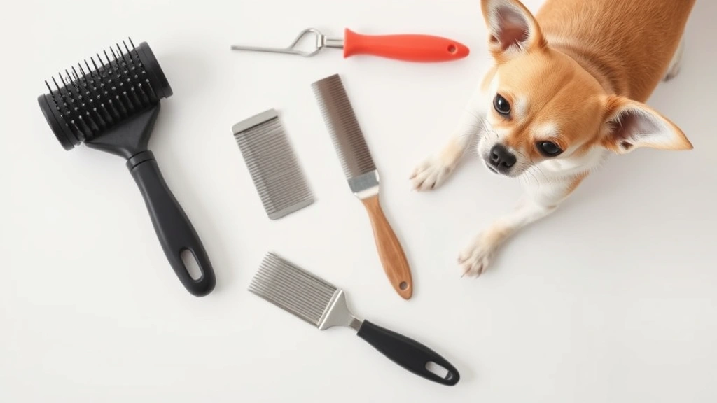 do chihuahua dogs shed -
Photorealistic overhead view of grooming tools arranged on a white surface incl