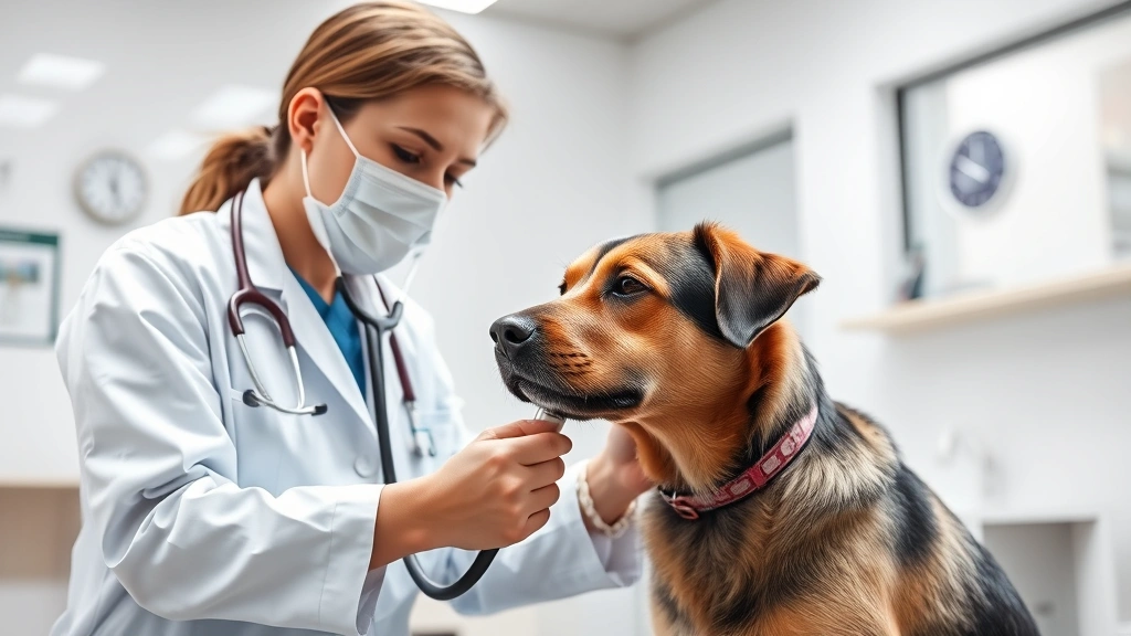 do dogs catch colds -
Photorealistic image of a veterinarian examining a coughing dog with a stethosc