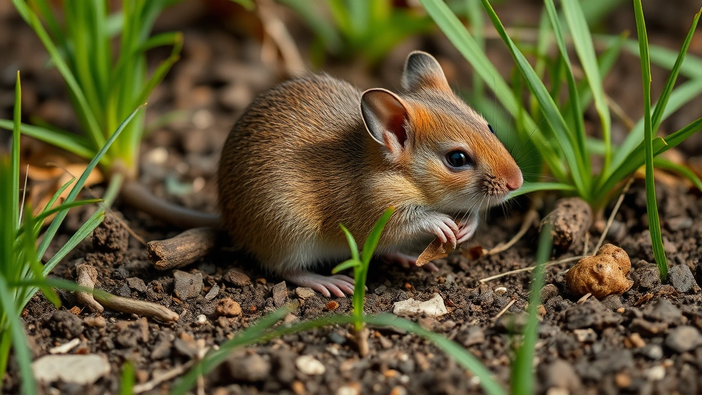 do dogs eat mice -
Photorealistic image of a small brown mouse in grass and soil outdoors, in its 