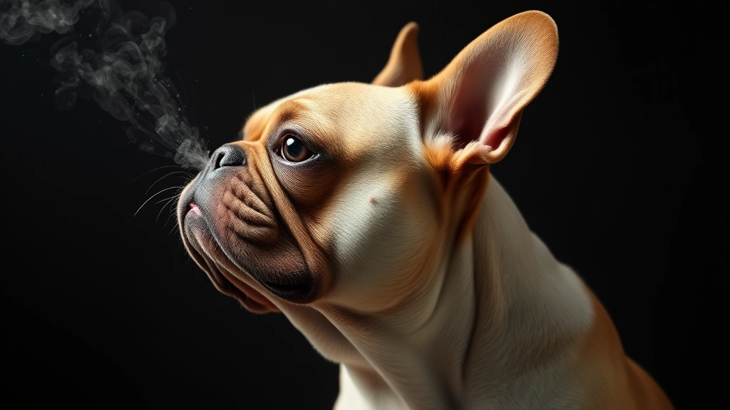 do dogs get boogers -
Photorealistic side profile of a French bulldog sneezing with nasal particles v