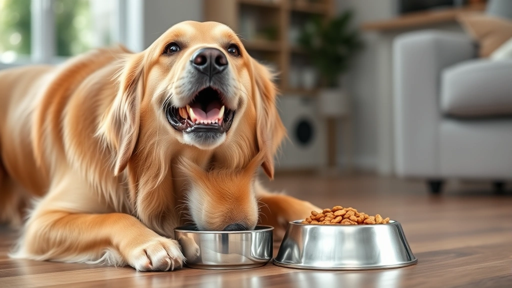 do dogs get braces -
Photorealistic image of a happy golden retriever eating from a bowl with proper
