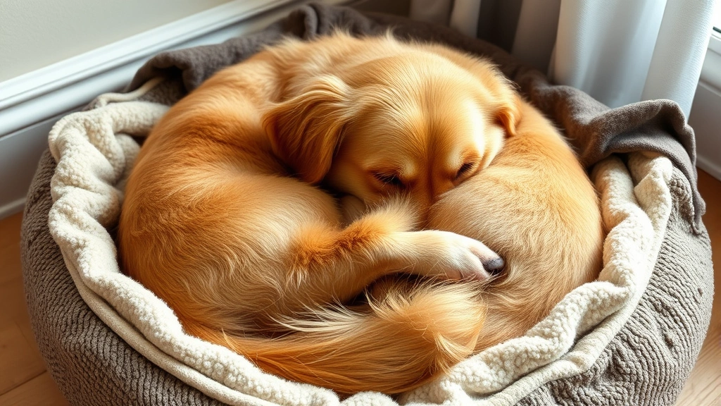do dogs get cold -
Golden Retriever curled up in a tight ball on a dog bed with blankets, seeking 