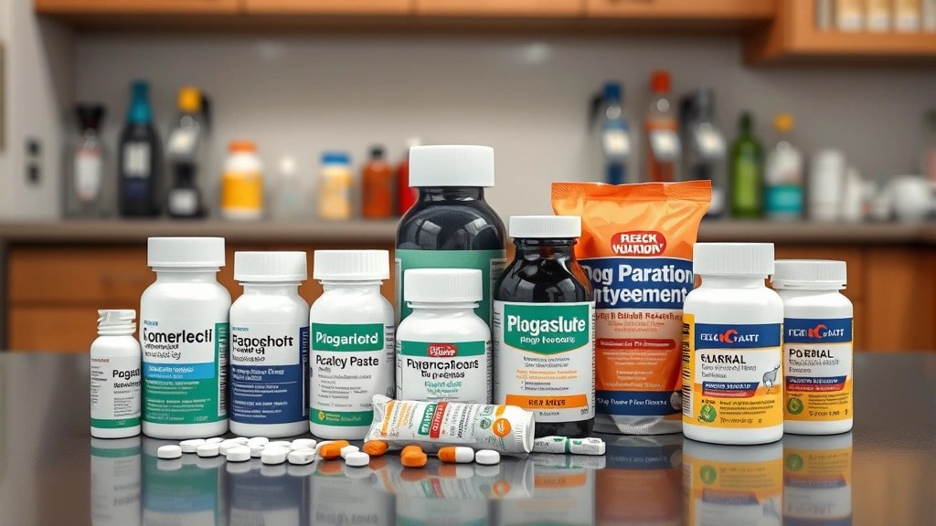 do dogs get pinworms -
Photorealistic photo of various dog parasite prevention medications, tablets, a