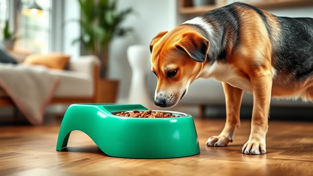 do dogs get reflux -
A dog eating from an elevated food bowl in a calm home environment, demonstrati