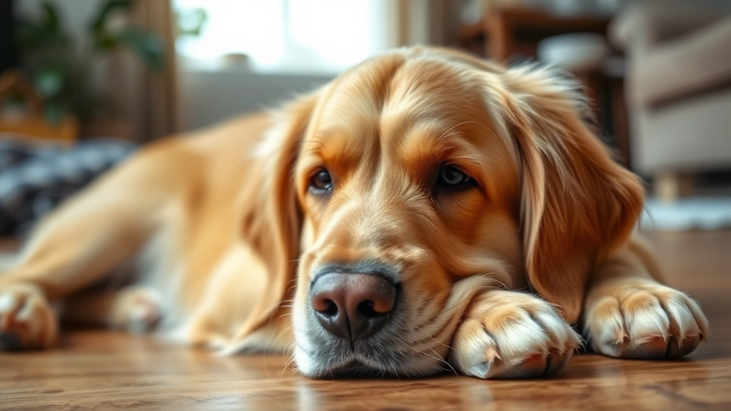 do dogs get sleep apnea -
lethargic golden retriever lying down indoors looking exhausted and disinterest