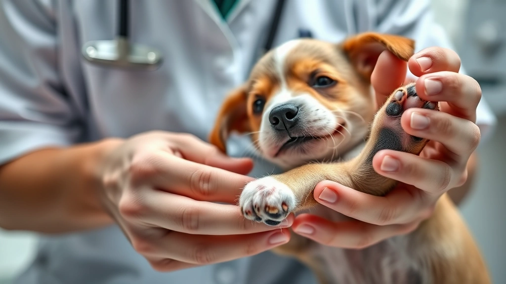 do dogs get tetanus -
Photorealistic close-up of a veterinarian examining a small dog’s paw wou