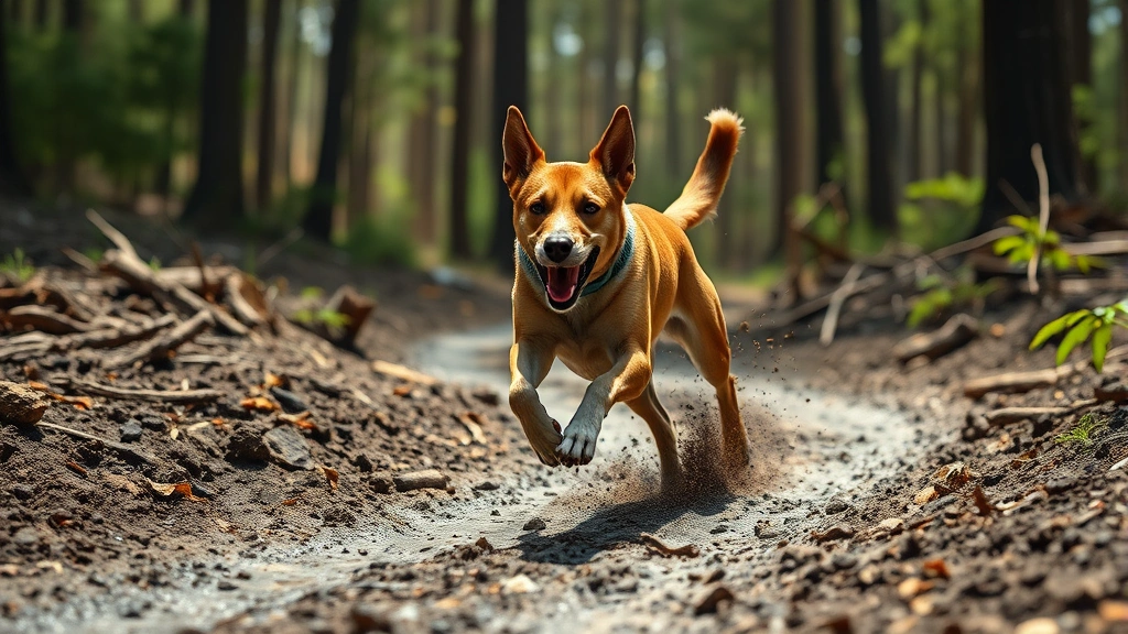 do dogs get tetanus -
Photorealistic image of a dog running through a muddy forest area with dirt and