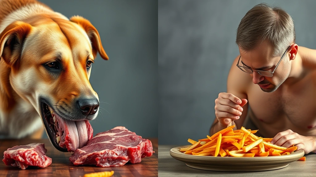 do dogs have appendices -
Photorealistic comparison photo of dog eating raw meat versus human eating cook