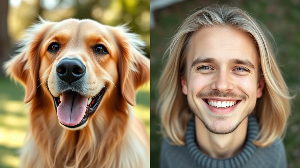 do dogs have cleanest mouth -
Photorealistic side-by-side comparison showing a happy golden retriever’s
