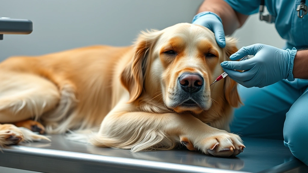 do dogs have different blood types -
Photorealistic image of a friendly golden retriever lying peacefully while a ve